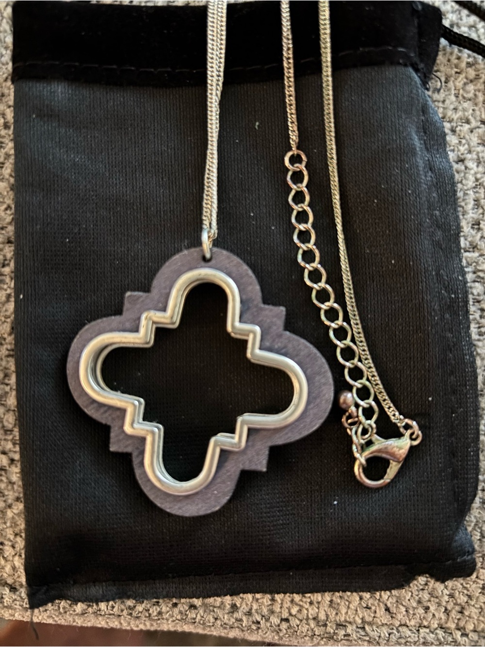 Silver and Navy Wood Quatrefoil Pendant Necklace